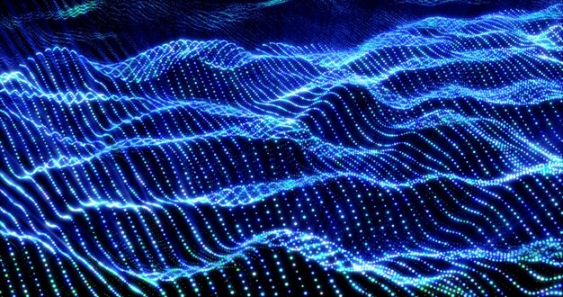 Abstract bright glowing blue waves and lines from particles and dots in the form of a field