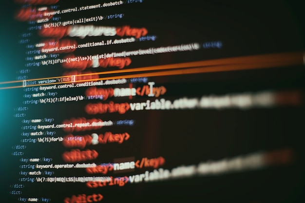 Abstract computer script code. Programming code screen of software developer. Software Programming Work Time.
