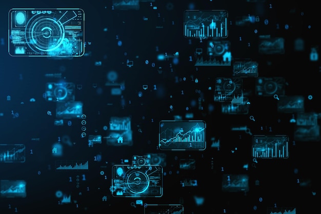 Abstract creative business charts and binary code on blue background System engineering and digital transformation concept 3D Rendering