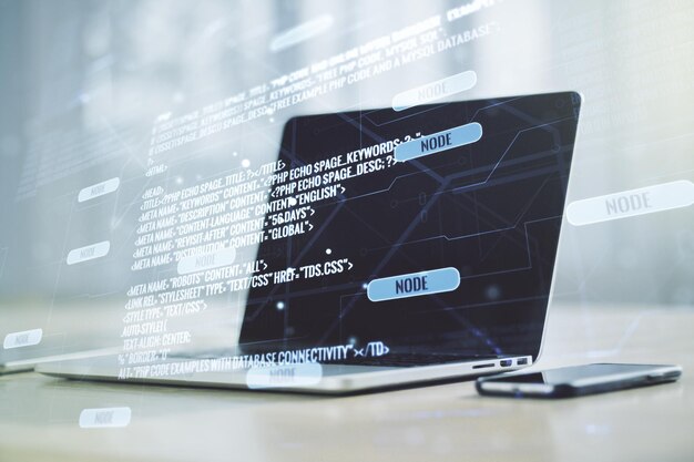 Abstract creative coding concept on modern laptop background Multiexposure