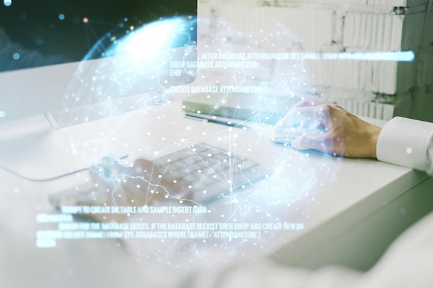 abstract creative coding concept with world map and hands typing on laptop on background multiexposure