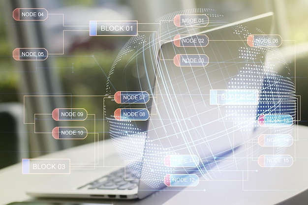 abstract creative coding concept with world map on modern laptop background multiexposure