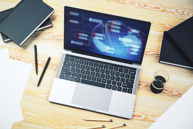abstract creative coding concept with world map on modern laptop screen 3d rendering