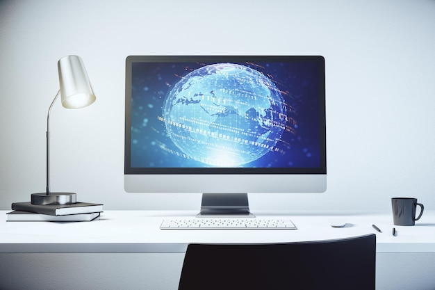 Abstract creative coding concept with world map on modern laptop screen 3D Rendering