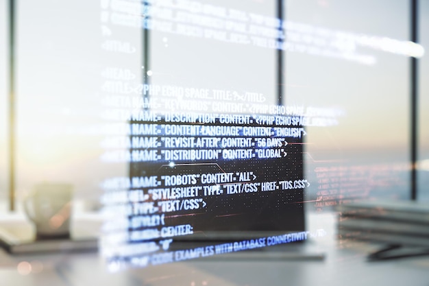 Abstract creative coding illustration on modern computer background software development concept Multiexposure