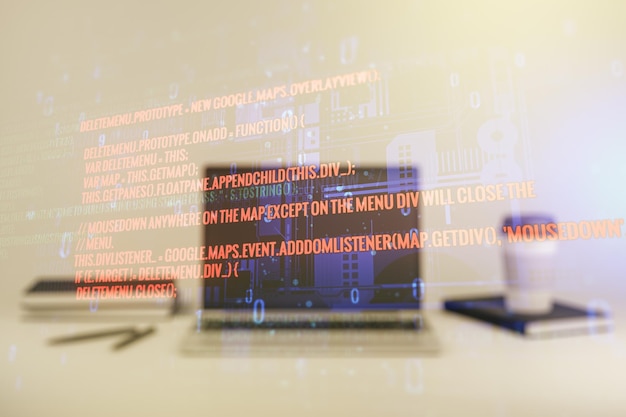 Abstract creative coding illustration on modern computer background, software development concept. Multiexposure