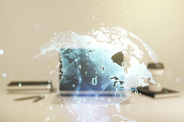 Abstract creative coding illustration with world map on modern computer background international software development concept Multiexposure