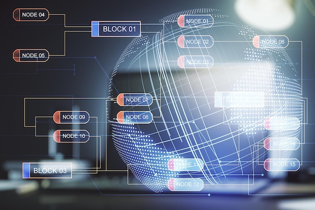 Abstract creative coding illustration with world map on modern computer background international software development concept Multiexposure