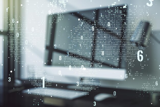 Abstract creative coding illustration with world map on modern computer background international software development concept Multiexposure