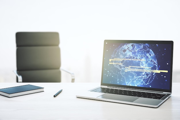 Abstract creative coding illustration with world map on modern computer monitor international software development concept 3D Rendering