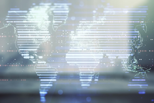 Abstract creative digital world map on blurry contemporary office building background globalization concept Multiexposure