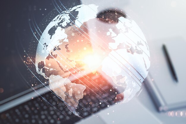 Abstract creative digital world map on modern computer background globalization concept Multiexposure