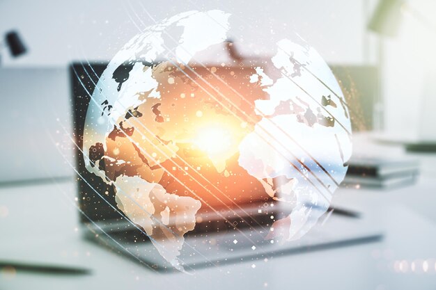 Abstract creative digital world map on modern computer background globalization concept Multiexposure