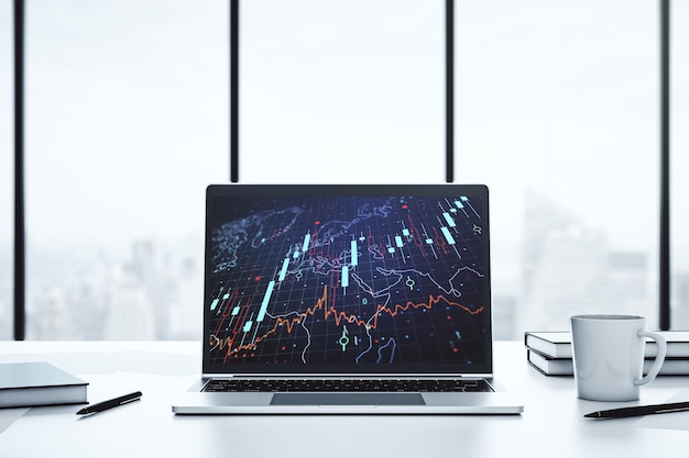 Abstract creative financial diagram with world map on modern computer monitor banking and accounting concept 3D Rendering
