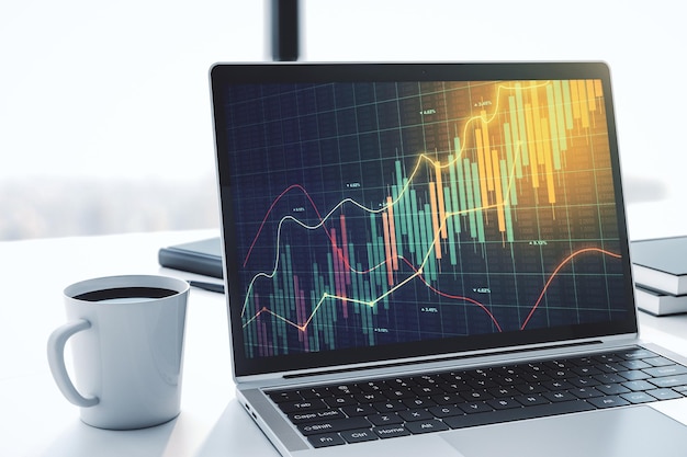 Abstract creative financial graph on modern laptop monitor forex and investment concept 3D Rendering