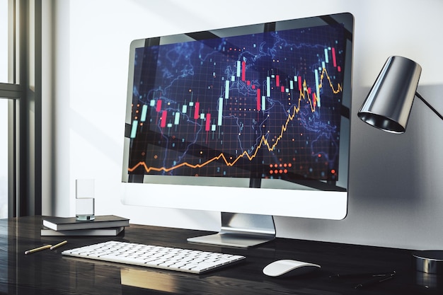 Abstract creative financial graph with world map on modern laptop monitor forex and investment concept 3D Rendering
