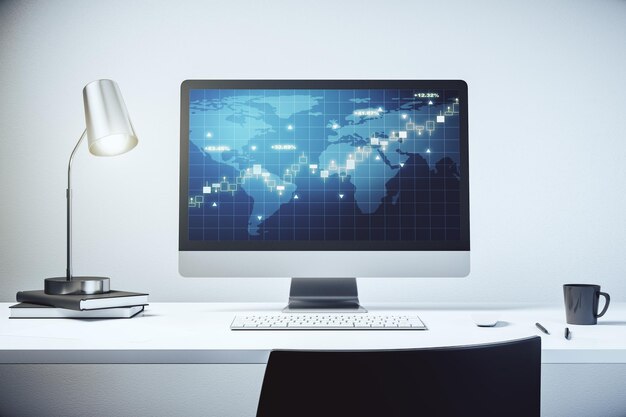 Abstract creative financial graph with world map on modern laptop monitor forex and investment concept 3D Rendering