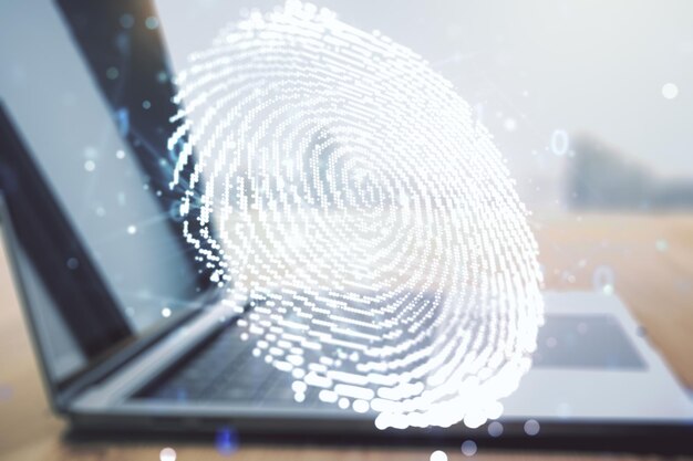 Abstract creative fingerprint concept on modern laptop background Multiexposure