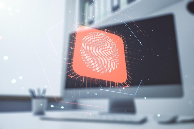 Abstract creative fingerprint illustration and modern desktop with pc on background personal biometric data concept Multiexposure
