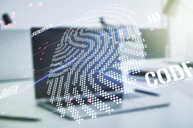 Abstract creative fingerprint illustration on modern computer background personal biometric data concept Multiexposure