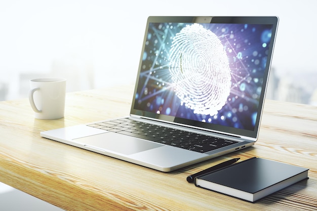 Abstract creative fingerprint illustration on modern laptop monitor digital access concept 3D Rendering