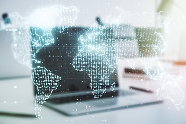 Abstract creative world map on modern laptop background international trading concept Multiexposure