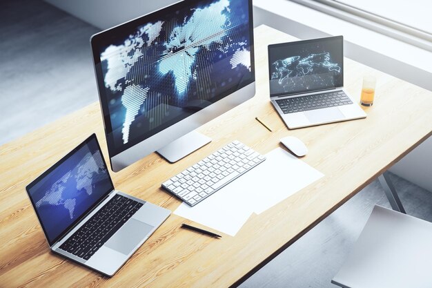 Abstract creative world map on modern laptop screen international trading concept 3D Rendering
