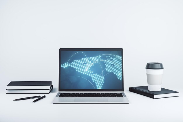 Abstract creative world map with connections on modern laptop screen international trading concept 3D Rendering