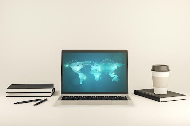 Abstract creative world map with connections on modern laptop screen international trading concept 3D Rendering