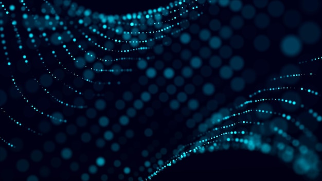 Abstract dark background with movement of luminous particles Digital technology 3D rendering
