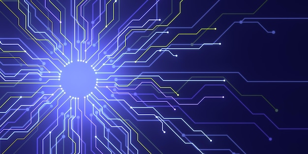 Abstract digital circuit board with glowing lines on dark background 3D Rendering