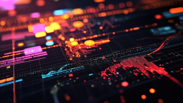 Abstract digital display with glowing lines and data