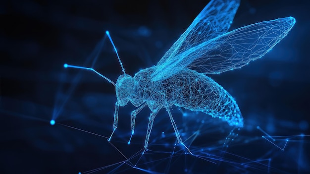 Abstract digital insect wireframe blue glow