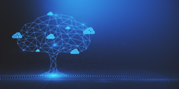 Abstract digital polygonal cloud tree on blue background with mock up place Computer data and security concept 3D Rendering