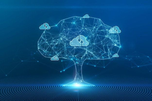 Abstract digital polygonal cloud tree on blue wallpaper Computer data and security concept 3D Rendering