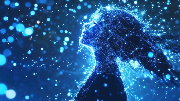 Abstract digital woman profile glowing network design