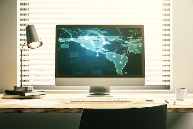 Abstract digital world map with connections on modern computer monitor big data and blockchain concept 3D Rendering
