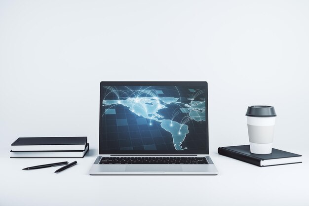 Abstract digital world map with connections on modern computer monitor big data and blockchain concept 3D Rendering