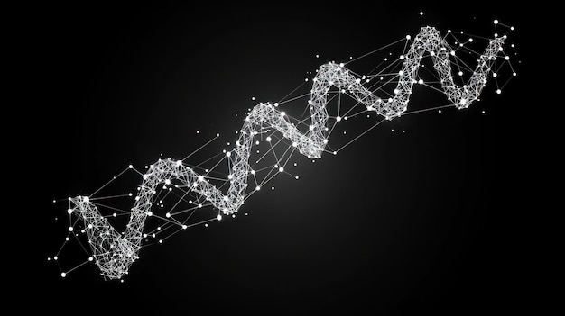 Abstract DNA helix structure glowing white points connected by lines on black background