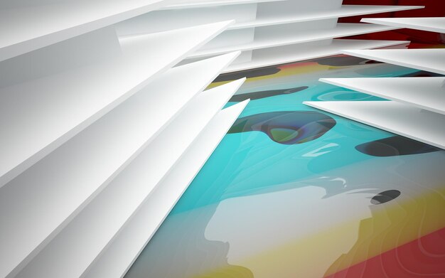 Abstract dynamic interior with colored objects. 3D illustration and rendering
