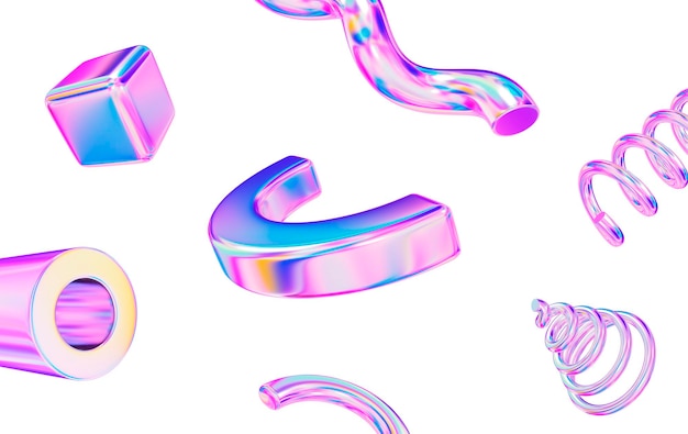 Abstract flying geometry neon shapes on isolated background 3d rendering illustration