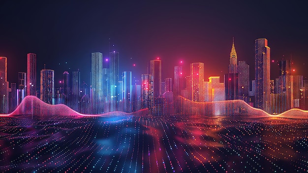 Abstract futuristic cityscape with glowing neon lights and digital waves