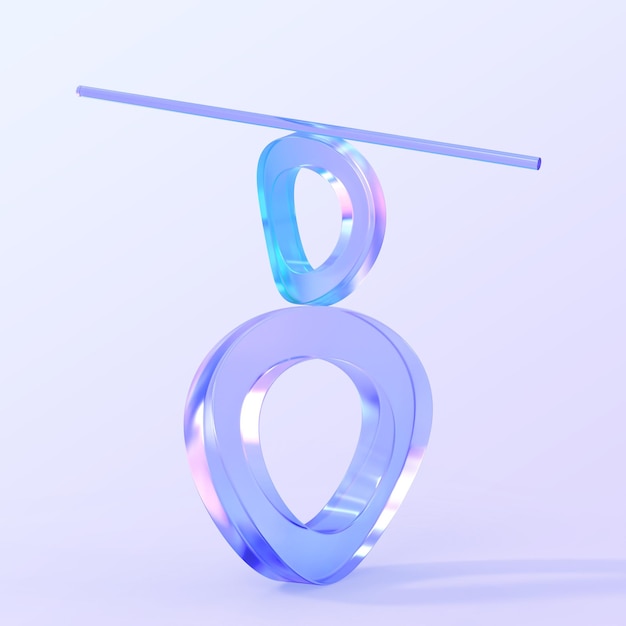 Abstract glass geometric composition crystal curved rings with line 3d render Concept of harmony and balance Iridescent transparent shapes purple glossy figure digital art object