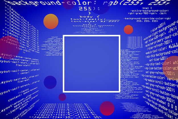 Abstract glowing blue coding programming background with blank square mock up frame Big data and code concept 3D Rendering