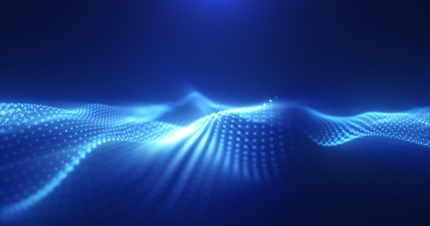 Abstract glowing blue magic energy wave from particles and dots bright shiny on a dark blue