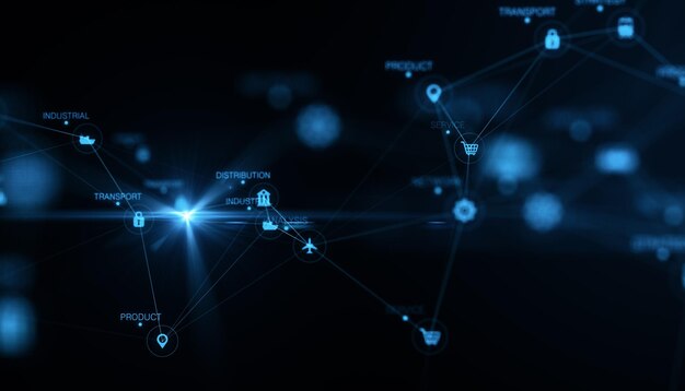 Abstract glowing blurry global delivery scheme hologram on backdrop Logistics and network concept 3D Rendering