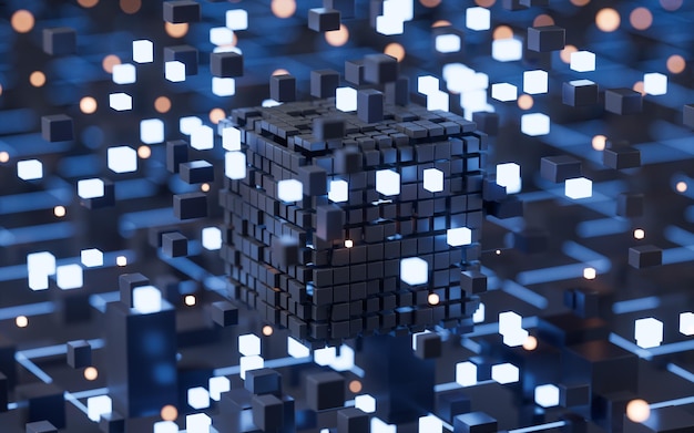 abstract glowing cubes and lines circuits and materials 3d rendering