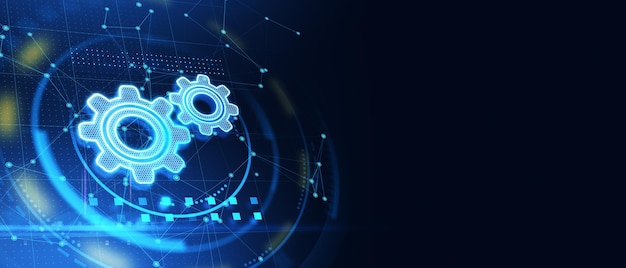 abstract glowing gear wheels on blue background with connections and mock up place digital engineering and industry concept 3d rendering