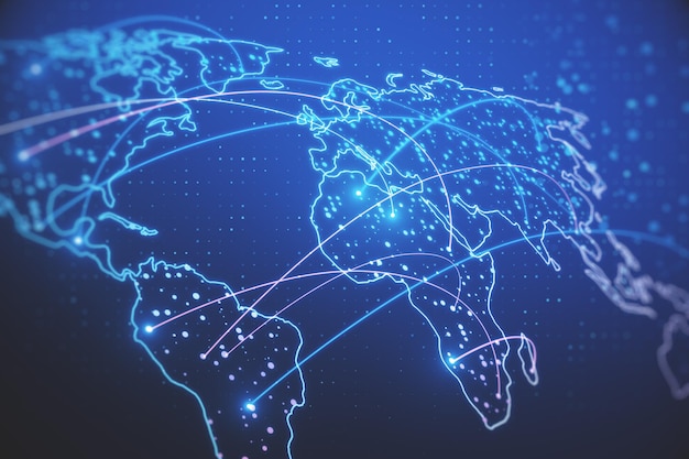 abstract glowing map hologram on blue backdrop digital world network and technology concept 3d rendering