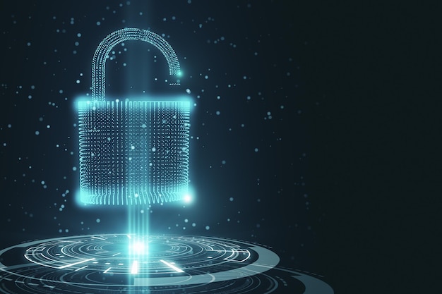 abstract glowing padlock on dark background web security and protection concept 3d rendering